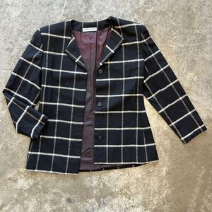 Gloria Sachs New York Wool Windowpane Plaid Collarless Blazer Vintage Jacket